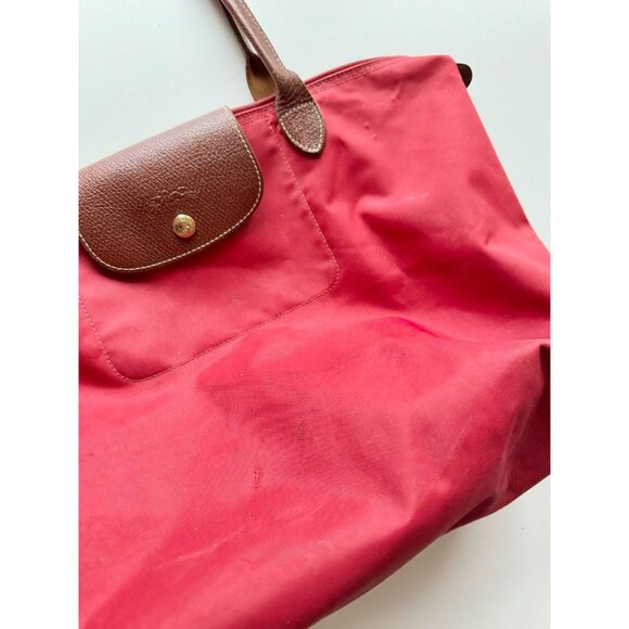 *Worn* LONGCHAMP Le Pliage Original M Red Nylon Canvas Leather Trim Tote Bag - Picture 2 of 16